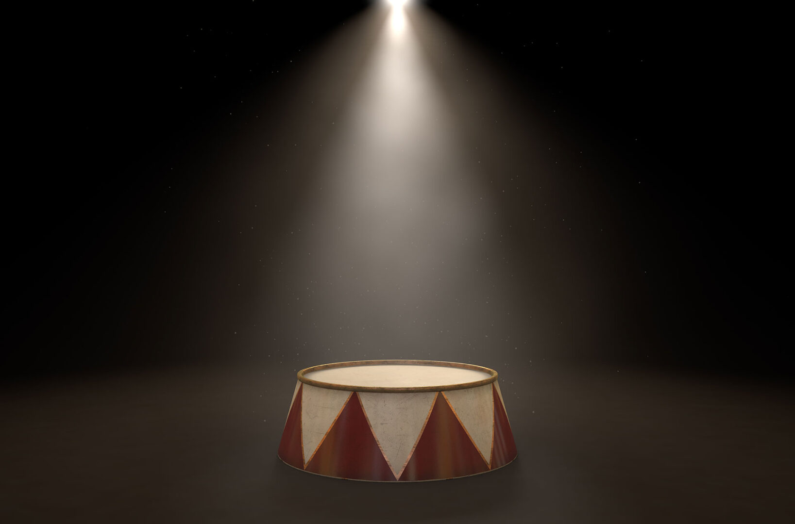 A 3D render of an empty ringmasters podium backlit by dramatic spot lights on a dark classic circus arena background.