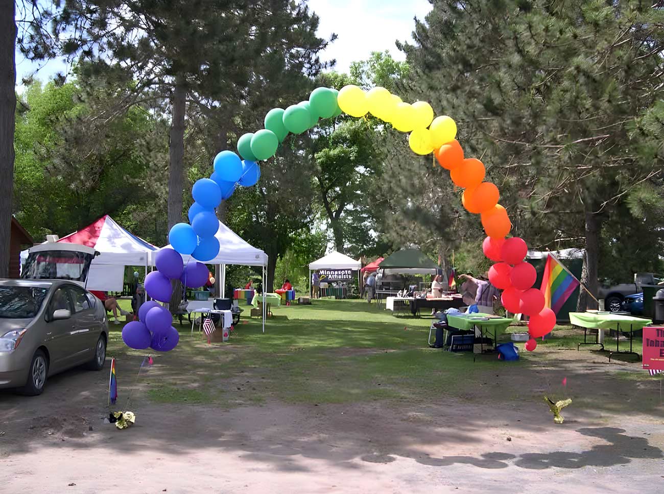 Rainbow balloon arch at the East Central Pride festival.