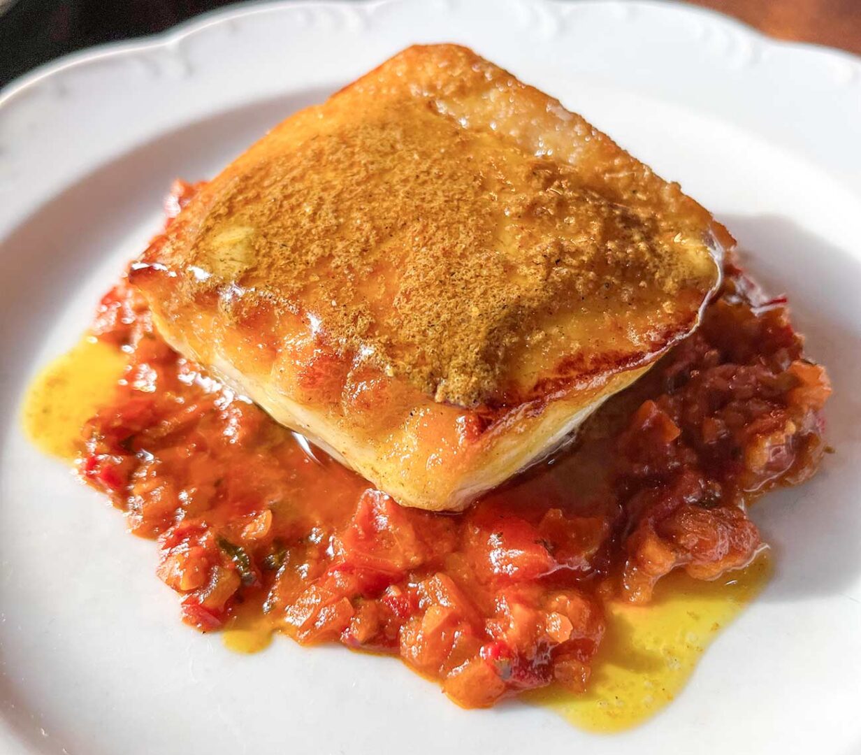 Roasted Halibut in Zarzuela sauce.