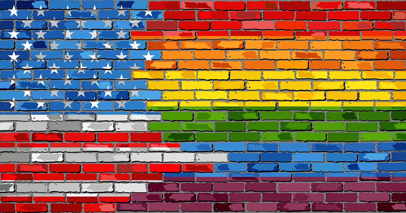 bigstock--131501981 Abstract grunge United States of America flag and LGBT flag on brick wall.