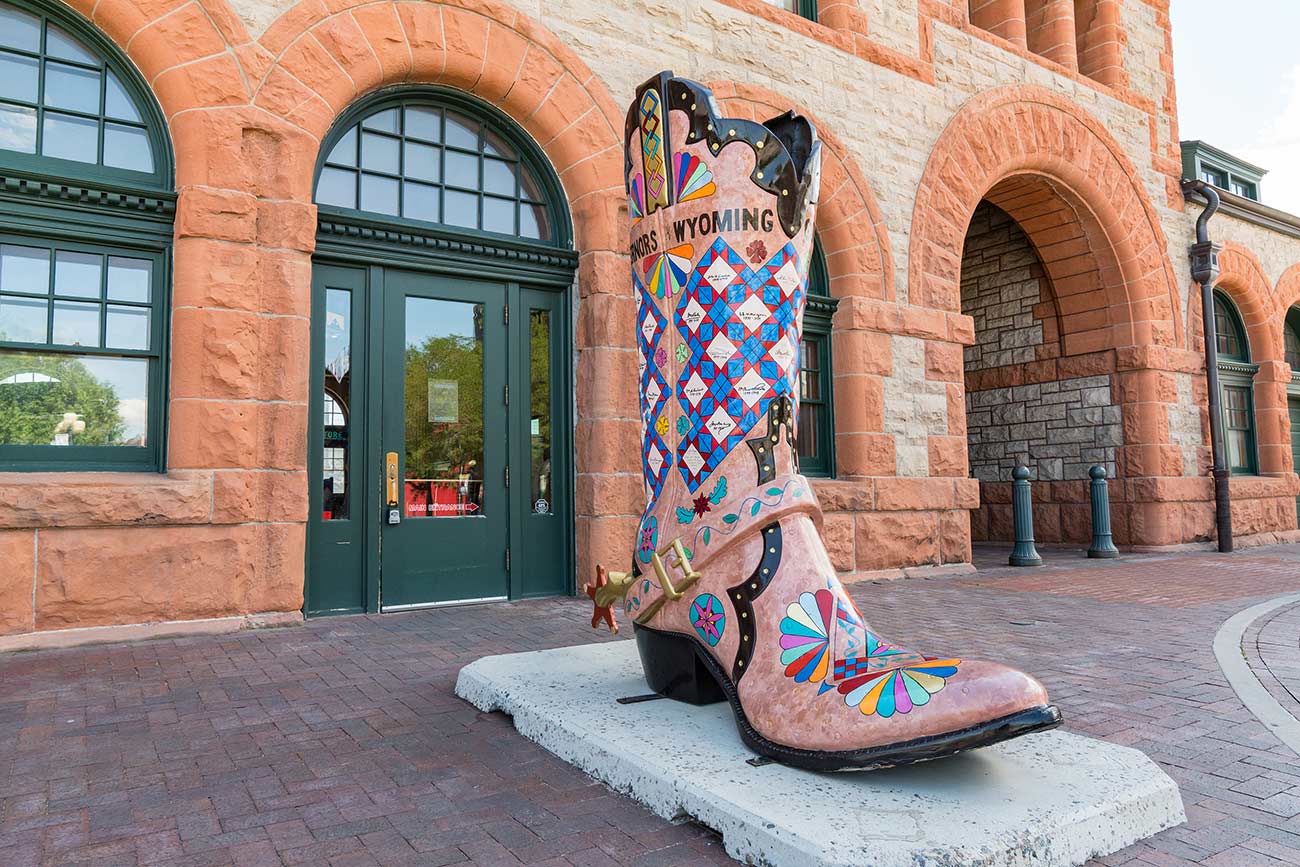 Large cowboy boot art sculpture outside of the historic Union Pacific Depot train station in Cheyenne, Wyoming.