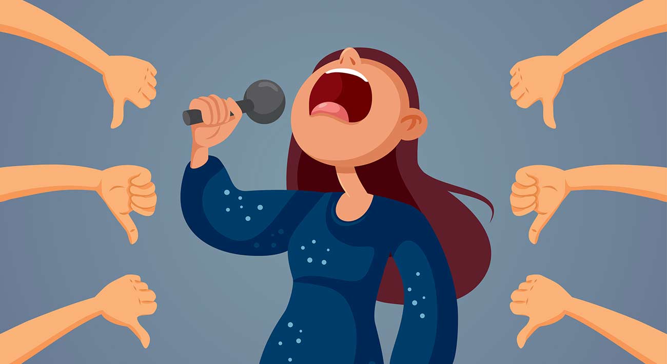 Girl With Terrible Singing Voice Receiving Negative Feedback Vector Cartoon.