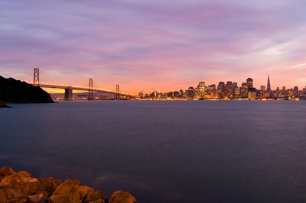 Bay Bridge and San Francisco after sunset.