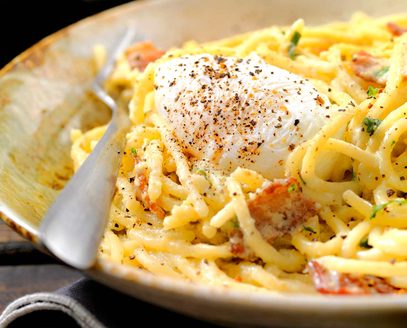 Spaghetti Carbonara with a Poached Egg.
