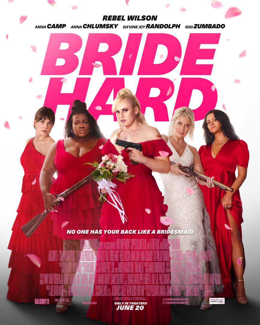 Bride Hard poster with women in red bridesmaid dresses and one bridal holding guns.