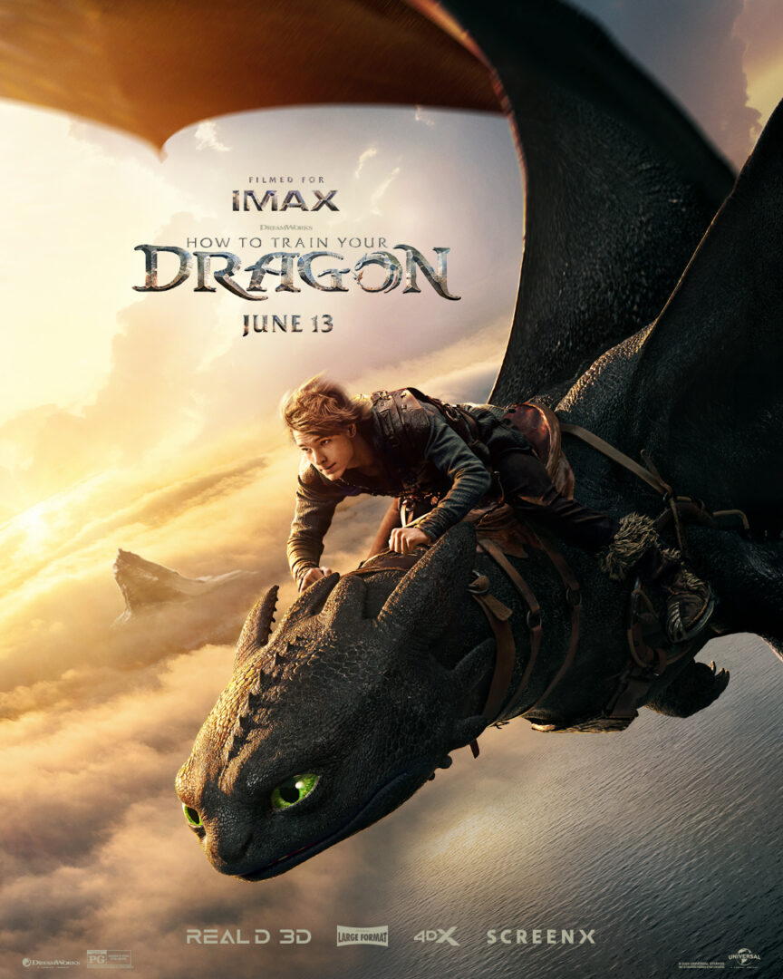 HTTYD social Movie poster for "How To Train Your Dragon" with a young man riding a black dragon flying through the clouds in the sky.