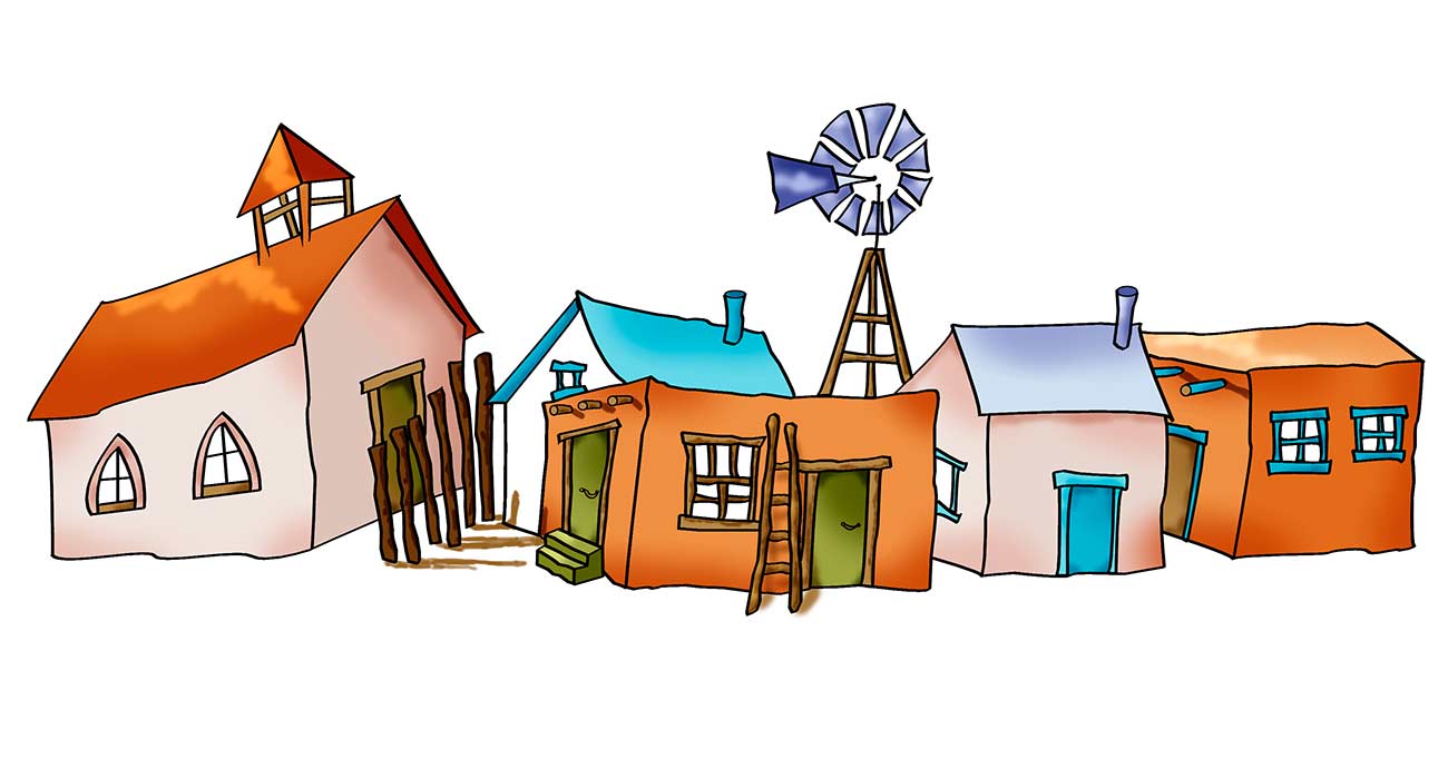 Drawing of southwestern village with a church and adobe houses.