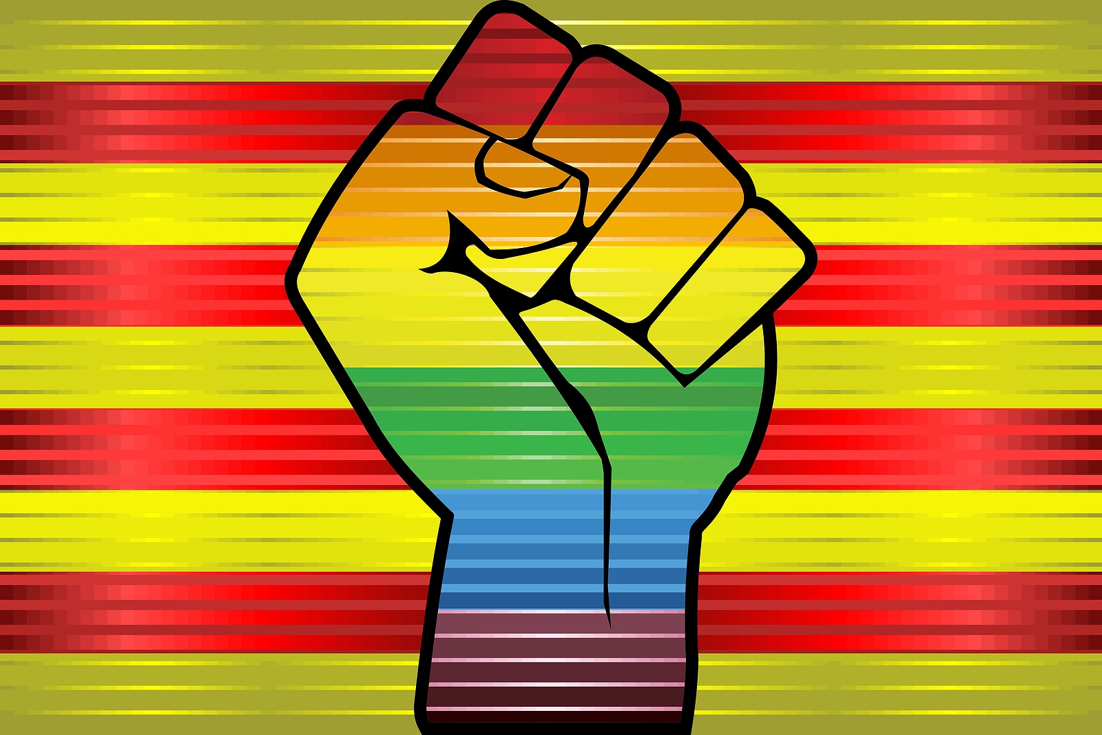 Rainbow fist of triumph over the flag of Catalonia.